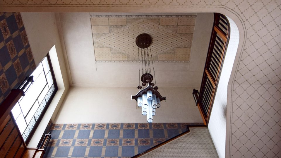 Kotěra uvnitř propojil kancelářské prostory nakladatelství s rodinným bytem prostřednictvím schodišťové haly, zdobené ornamentální malbou